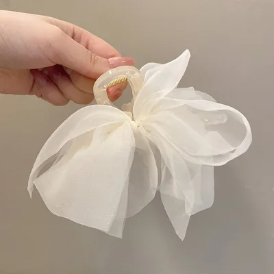 Mesh Bow New Headwear Temperament Large Hair Clip Beige - Shop at LoveMi