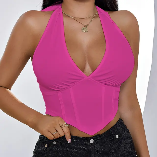 Women's V neck Lace Up Backless Top Rose Red - Shop at LoveMi