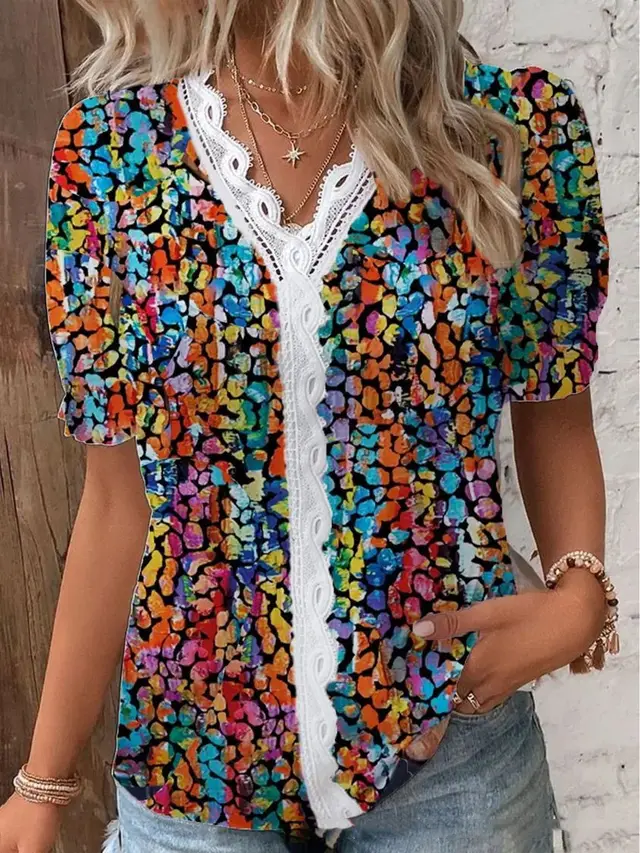 V Neck Lace Short Sleeve Printing For Fashion Color3 - Shop at LoveMi
