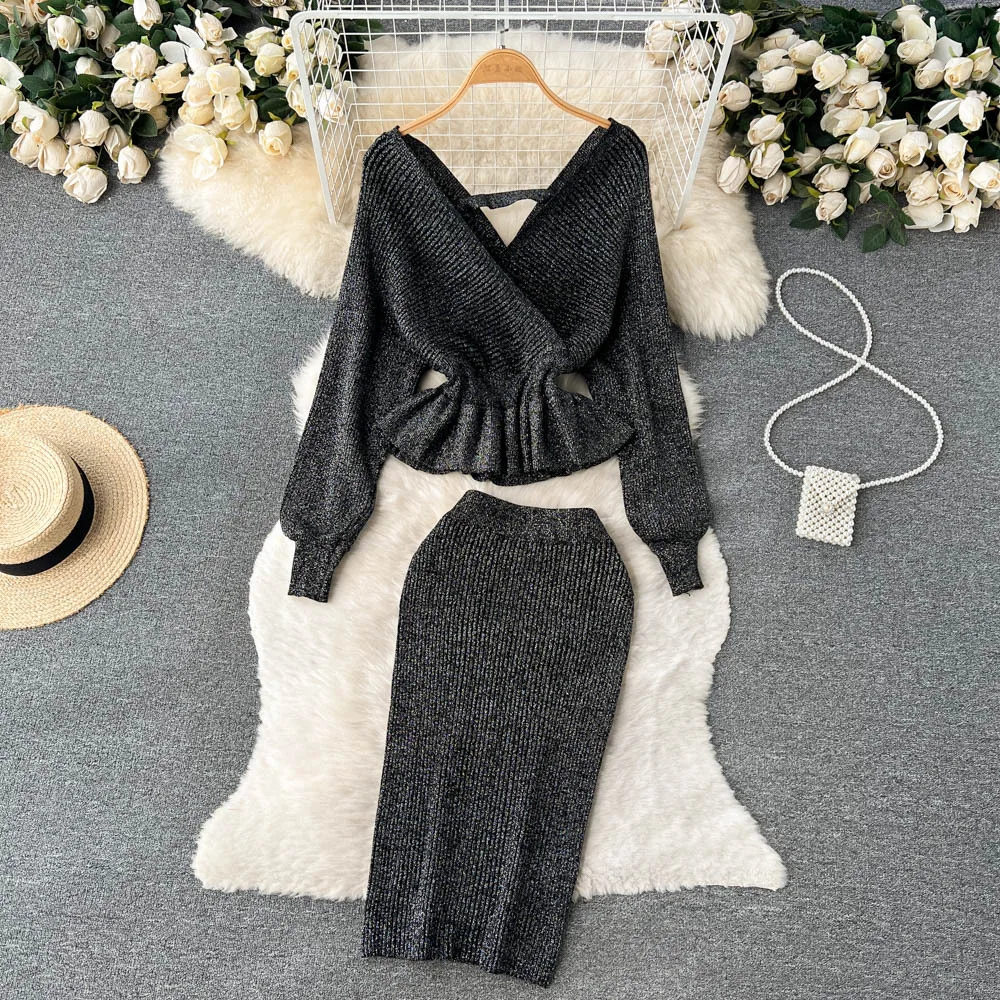 Women's V neck Flounce Short Sweater Skirt Two piece Set Gray - Shop at LoveMi
