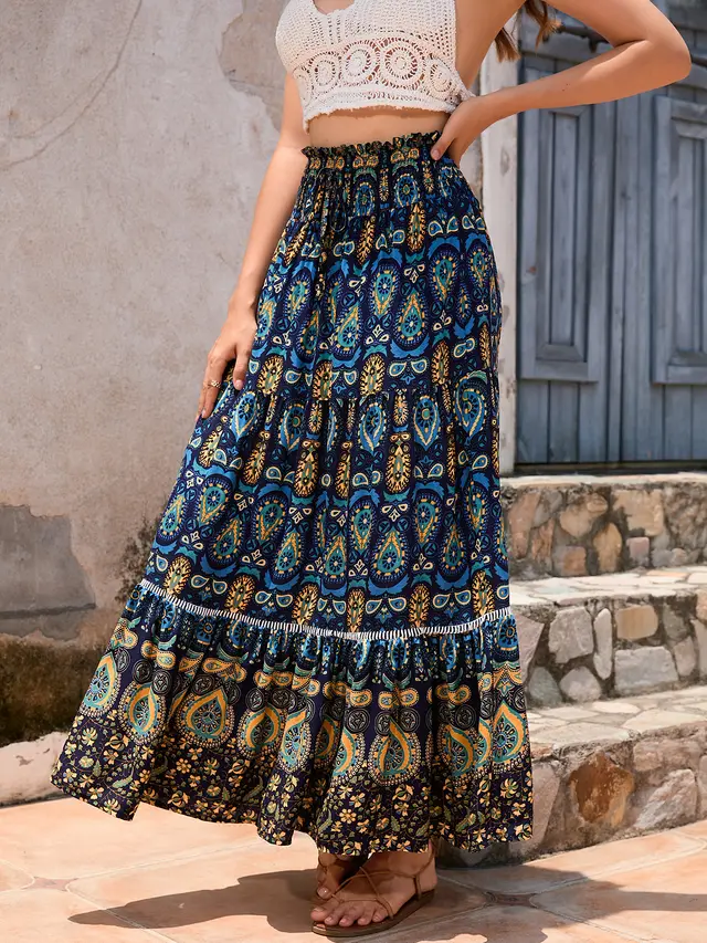 Bohemian Exotic Hollowed Out Lace Patchwork Skirt Navy Blue - Shop at LoveMi