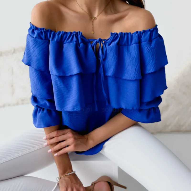 Women's Off neck Pullover Chiffon Tied Lotus Leaf Short Sleeve Blue - Shop at LoveMi