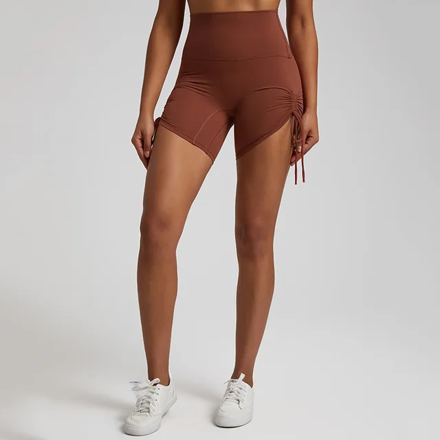 Sports Shorts Women's Drawstring Adjustable High Waist Red Coffee Color - Shop at LoveMi