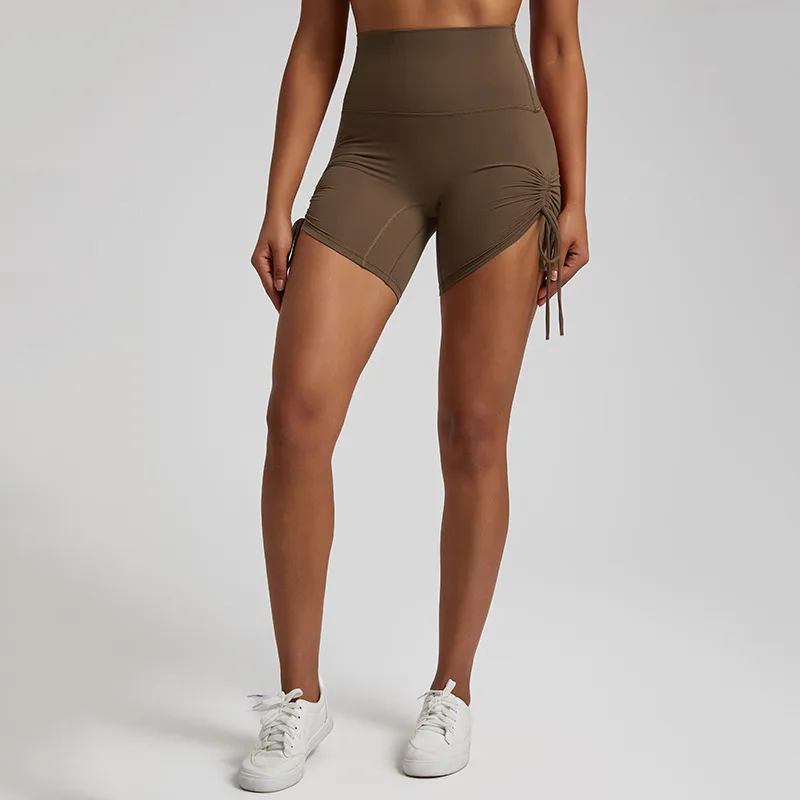 Sports Shorts Women's Drawstring Adjustable High Waist - Sugar Brown
