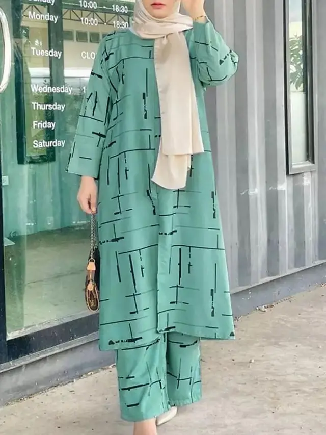 Women's Muslim Print Daily Suit Army Green Fashion Casual Set Light Blue - Shop at LoveMi