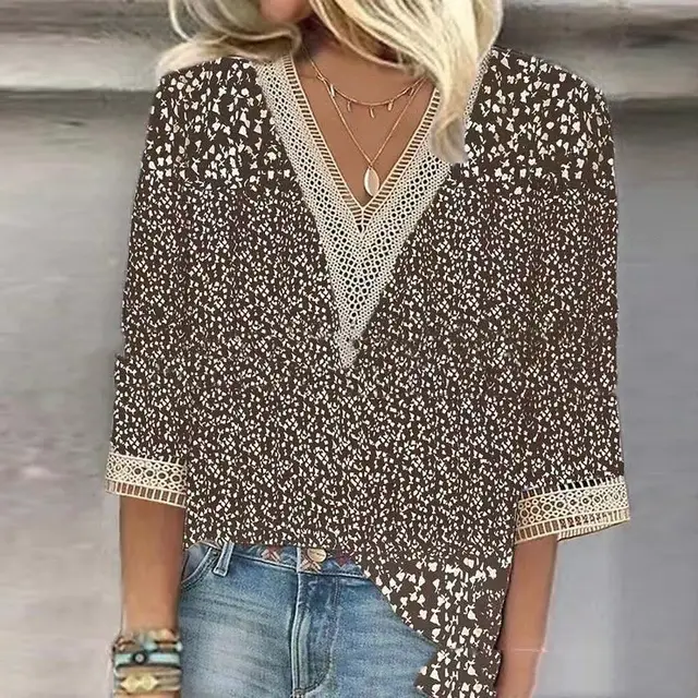 Flower Loose Casual Lace V neck Shirt Dark Brown - Shop at LoveMi