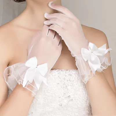 Bridal Wedding Gloves Short Full Finger Crystal Tulle White - Shop at LoveMi