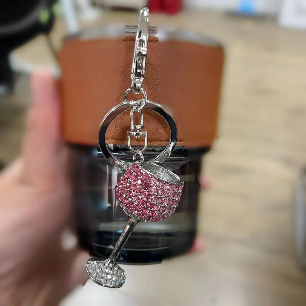 Metal Three-dimensional Wine Glass Design Keychain - Pink