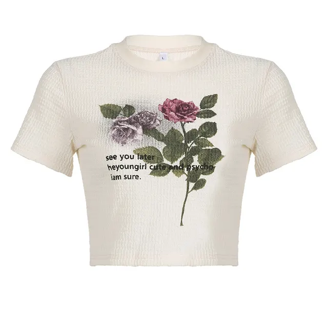 Round Neck Vintage Rose Print Texture Plaid Midriff baring Short Sleeve Yellow - Shop at LoveMi