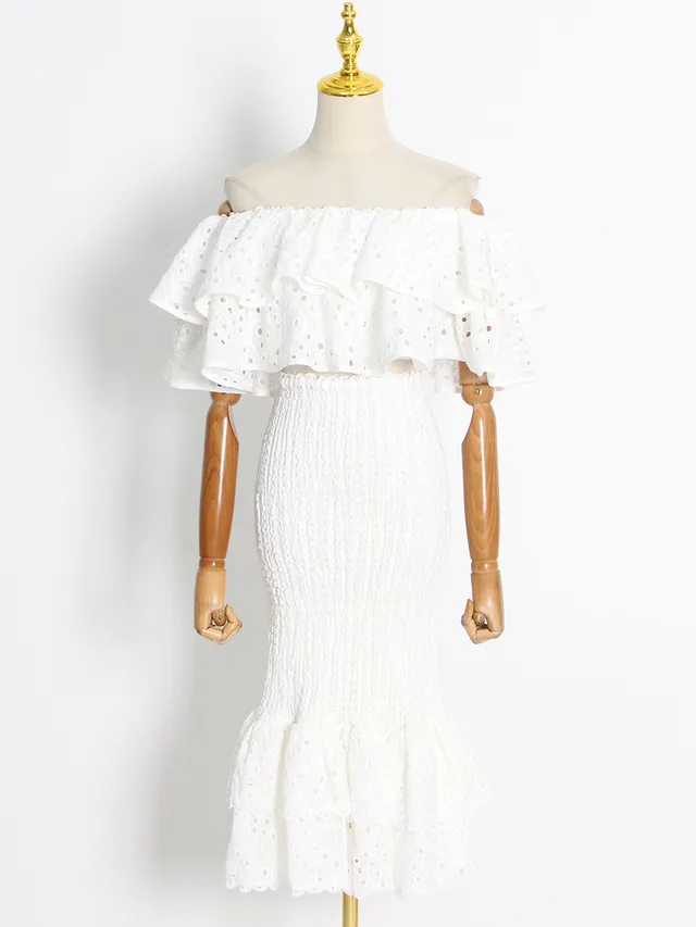 Women's Ruffled Irregular Shirt High Waist Fishtail Skirt Suit White - Shop at LoveMi
