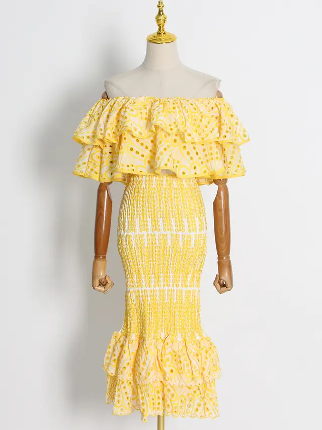 Women's Ruffled Irregular Shirt High Waist Fishtail Skirt Suit Yellow - Shop at LoveMi