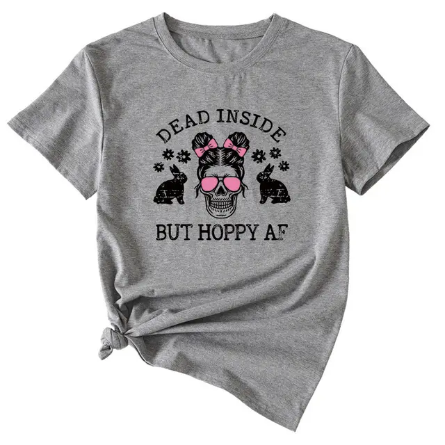 Skull Pattern Women's Summer Round Neck Short Sleeve Dark Grey - Shop at LoveMi