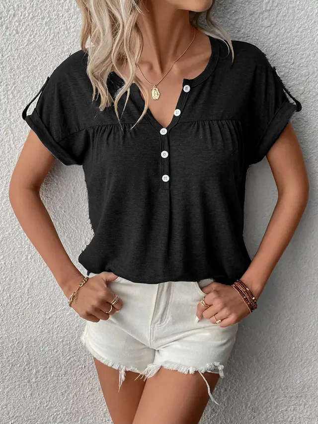 Women's Colored Cotton Shoulder Strap Button V neck Black - Shop at LoveMi