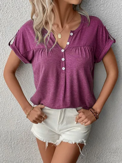 Women's Colored Cotton Shoulder Strap Button V neck Crimson - Shop at LoveMi