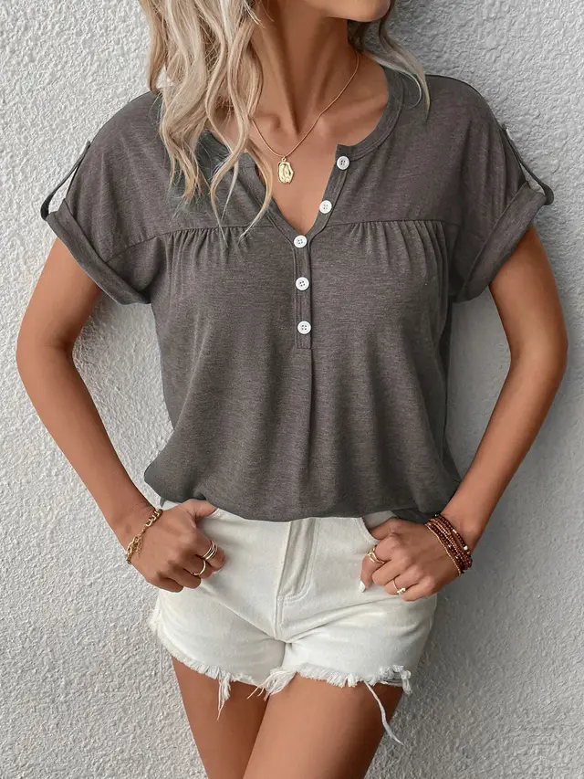 Women's Colored Cotton Shoulder Strap Button V neck Grey - Shop at LoveMi