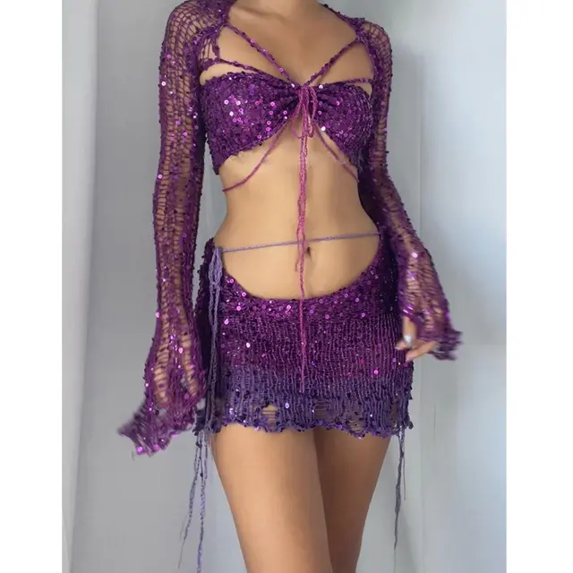 Fashion Sequin Embroidery Knitted Sweater Three piece Set Dark Purple - Shop at LoveMi