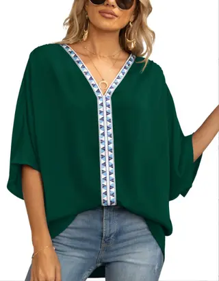 Bat Sleeved V-neck Short Sleeved Shirt - Dark Green