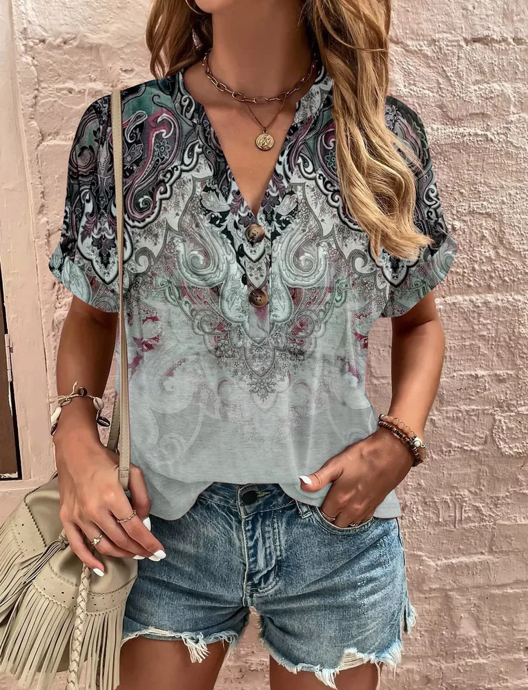 Printed Twisted Button Fashionable Short Sleeved Women Khaki - Shop at LoveMi