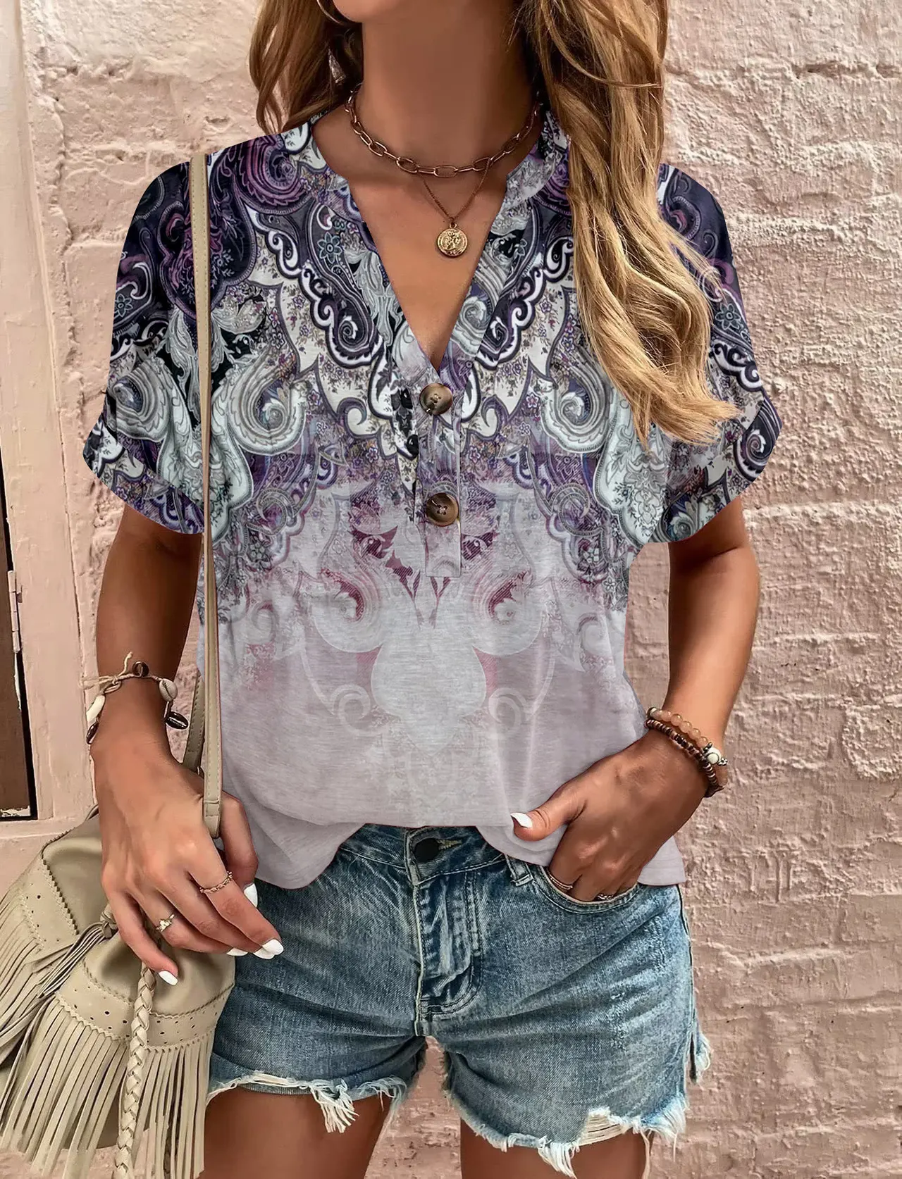 Printed Twisted Button Fashionable Short Sleeved Women - Pink