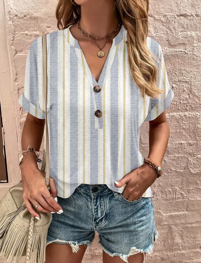 Printed Twisted Button Fashionable Short Sleeved Women Vertical Gold - Shop at LoveMi