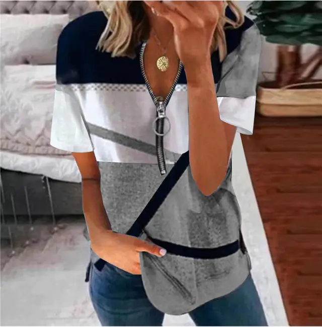 Women's Zipper Printed Loose Short Sleeves Grey - Shop at LoveMi
