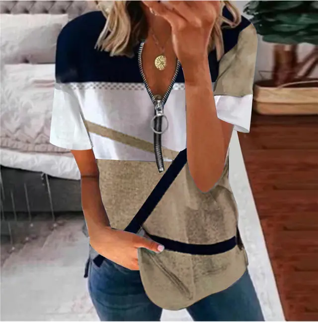 Women's Zipper Printed Loose Short Sleeves Khaki - Shop at LoveMi