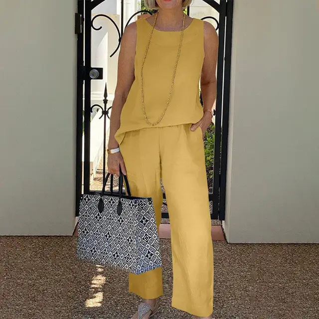 Cotton And Linen Sleeveless Top With Wide Leg Pants, Two piece Set For Women Yellow - Shop at LoveMi