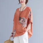 Korean Cotton Hemp Plus Size Mm Half Sleeve Top Summer - Orange