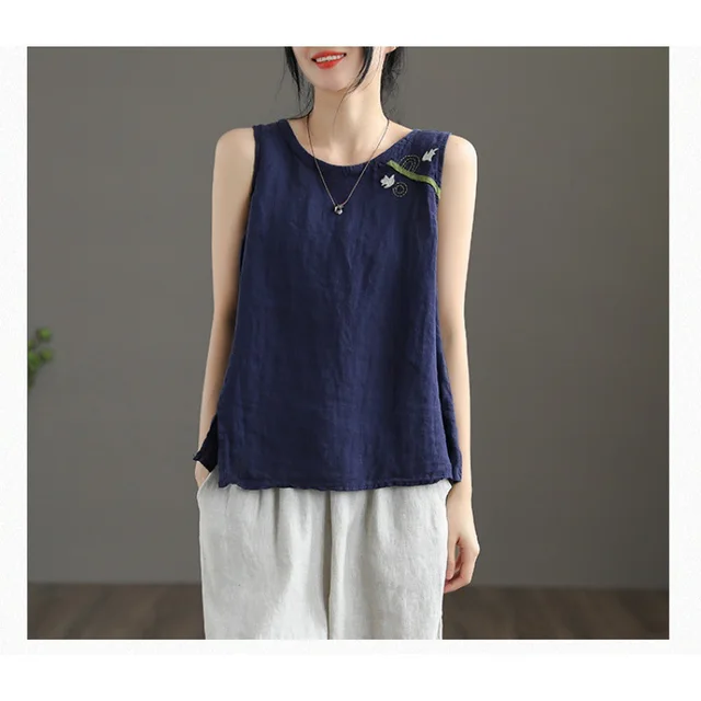 Cotton Linen Vest Female Artistic Embroidery Outer Wear Inner Wear Navy Blue - Shop at LoveMi