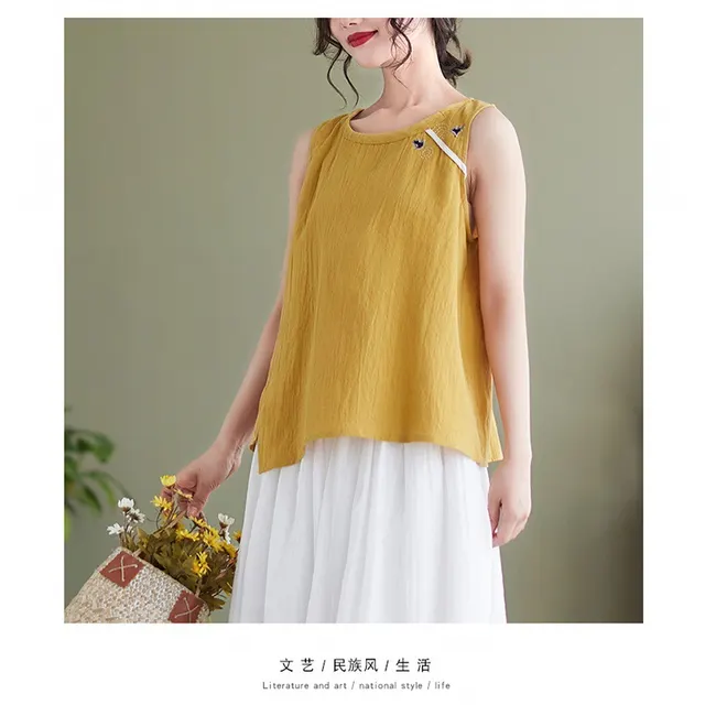 Cotton Linen Vest Female Artistic Embroidery Outer Wear Inner Wear Yellow - Shop at LoveMi