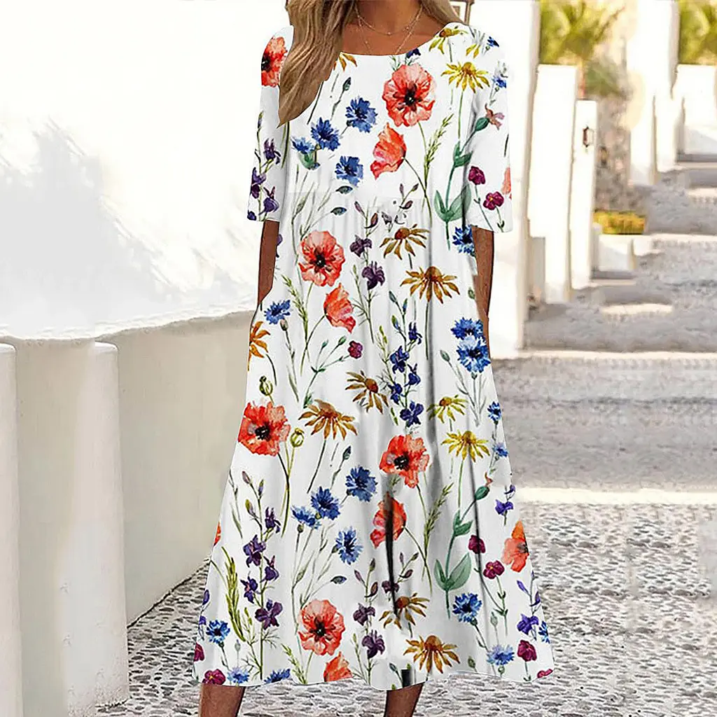 Casual And Fashionable Printed Short Sleeved Dress - Safflower
