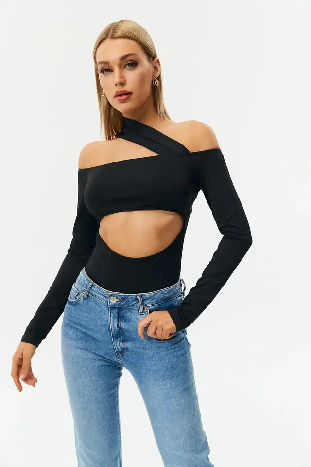 Autumn Fashion Sexy Exposed Shoulder Long Sleeves, Low cut Hollow Pure Color Slim Body Jacket Black - Shop at LoveMi