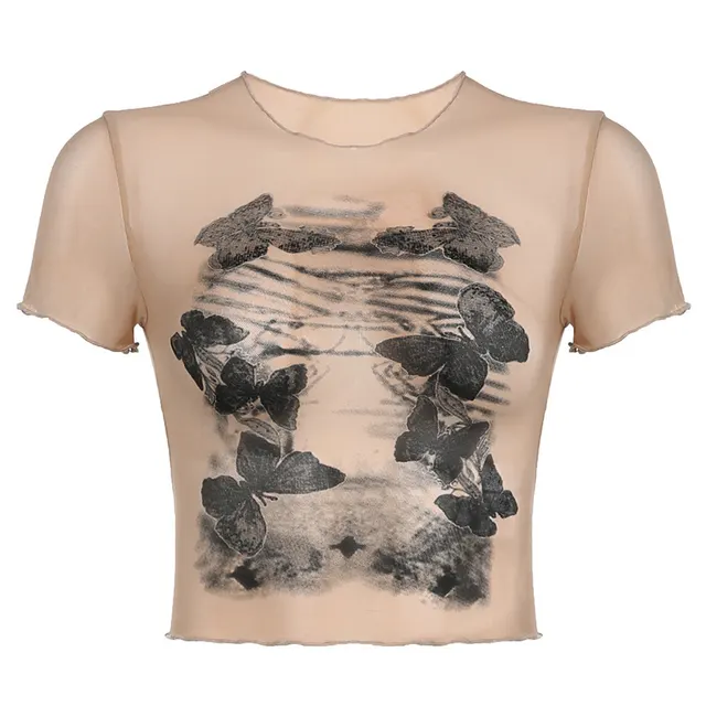 Dark Butterfly Printed Lightweight Mesh T shirt Round Neck Top Skin Color - Shop at LoveMi