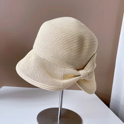 Paper Cloth Splicing Rear Opening Bow Fisherman Hat Beige - Shop at LoveMi