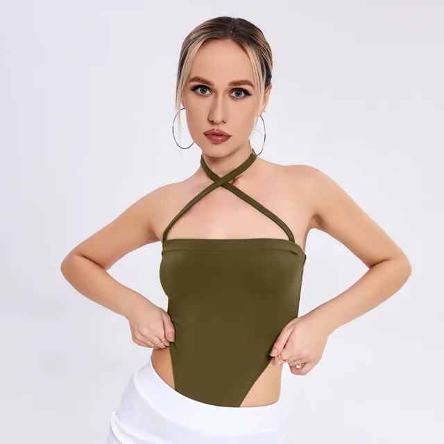 Fashion New Women's One word Collar Hanging Neck Band lap Background Bodsuit Dark Green - Shop at LoveMi
