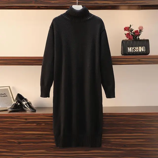 Straight Loose Overknee High Collar Sweater Dress Black - Shop at LoveMi