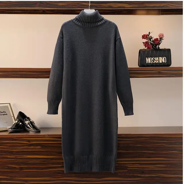 Straight Loose Overknee High Collar Sweater Dress Dark Gray - Shop at LoveMi