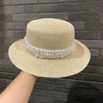 Retro Fashion Versatile Pearl Flat Top Sun Protection Beach Hat - Beige