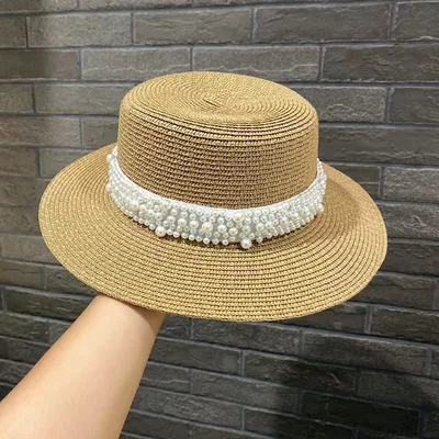 Retro Fashion Versatile Pearl Flat Top Sun Protection Beach Hat Khaki - Shop at LoveMi