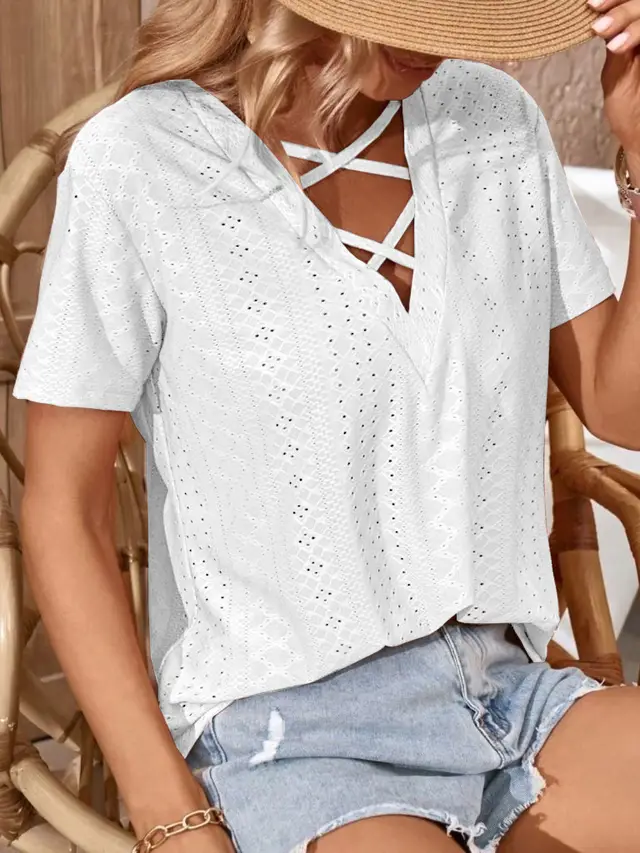 Casual Jacquard Cross Hollow Breathable Loose fitting T shirt Top White - Shop at LoveMi