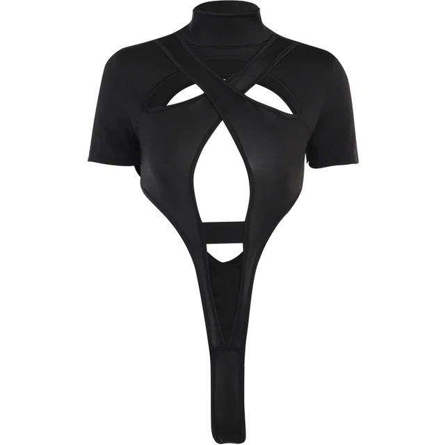 Style Spring New Sexy Cross Hollow High Collar Short Sleeve Rompers Black - Shop at LoveMi