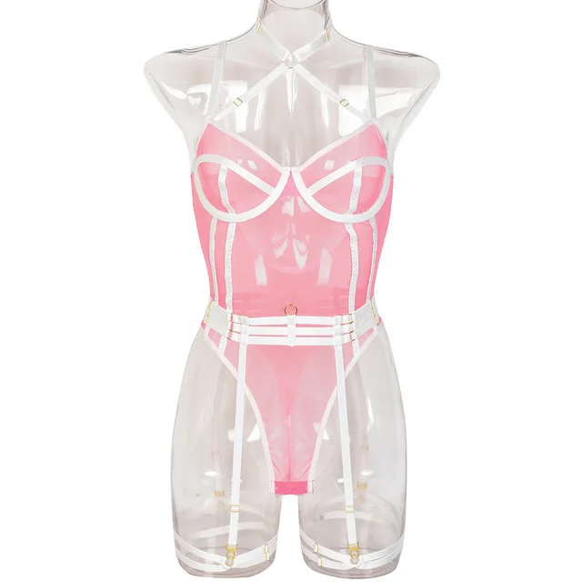 High Elastic Mesh Tight Contrast Color Jumpsuit Light Pink Net White Belt - Shop at LoveMi