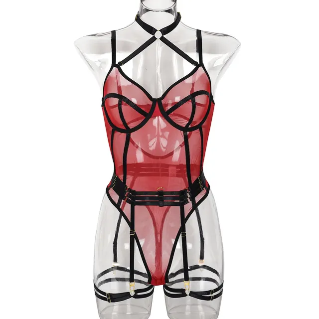 High Elastic Mesh Tight Contrast Color Jumpsuit Wine Red Net Black Belt - Shop at LoveMi