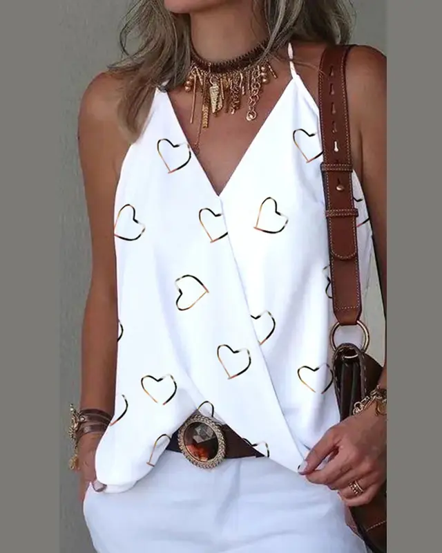 Loose Casual V neck Bottoming Women's Top Vest White Heart Printing - Shop at LoveMi