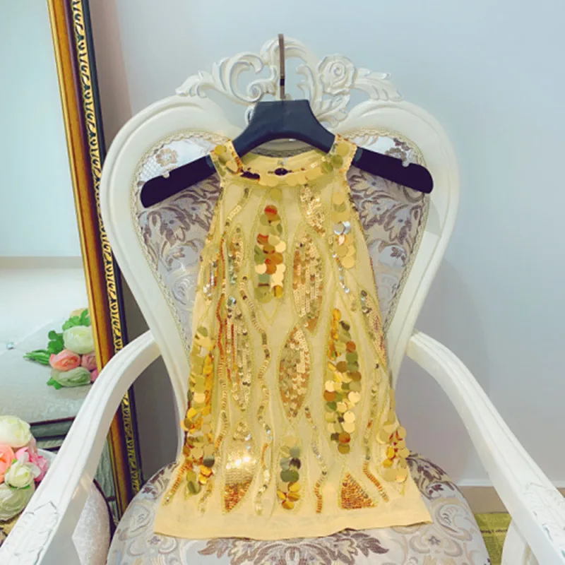 Wave Pattern Sequined Elegant Halter Sleeveless Top Fashionable - Gold