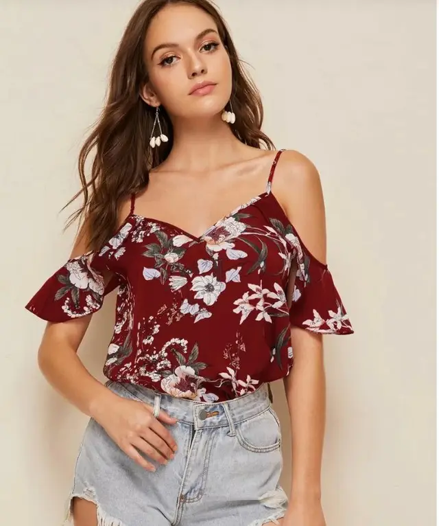 Women's Strapless Halter Chiffon Print Tank Top Loose With Sleeves Blouse Small Shirt Wine Red - Shop at LoveMi