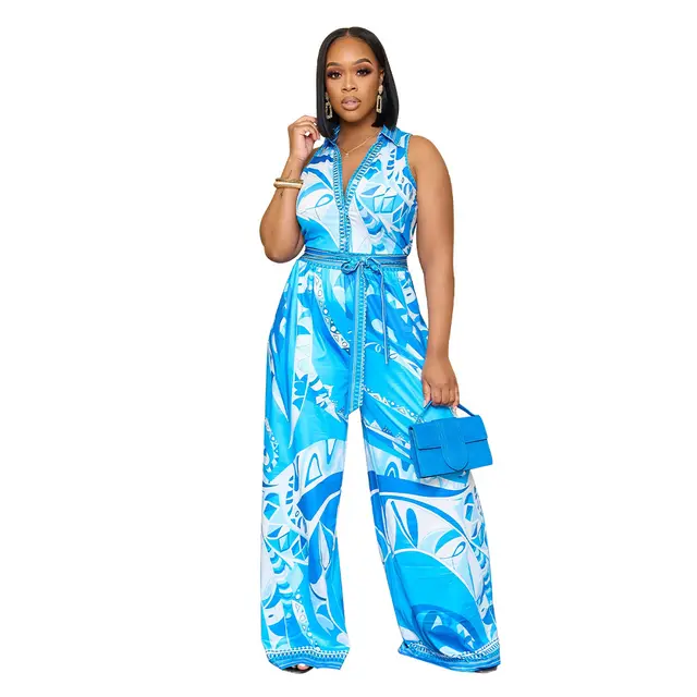 Women's Printed Sleeveless V neck Wide leg Jumpsuit Blue - Shop at LoveMi