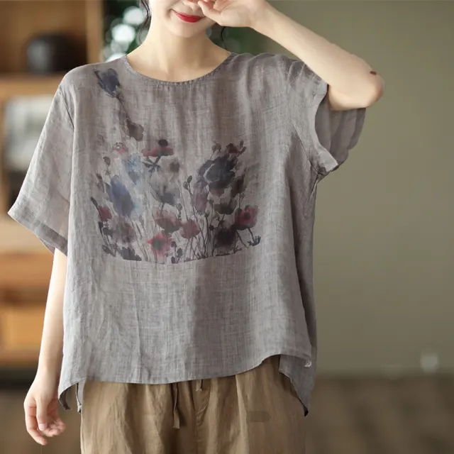 Summer New Vintage Ink Print Front Short Back Long Casual T shirt Dark Gray - Shop at LoveMi