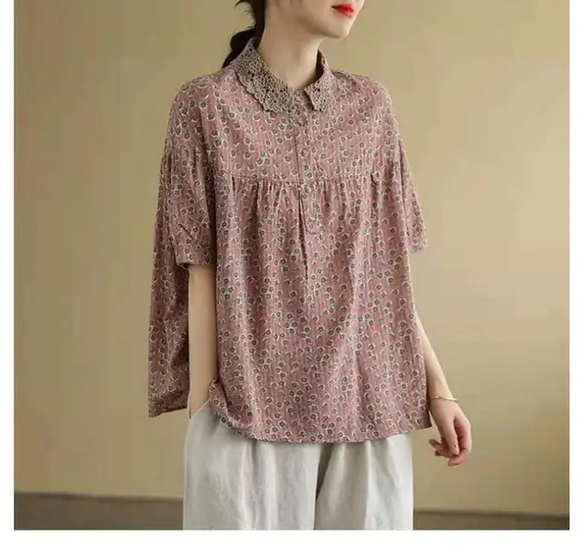 Artistic Retro Cotton And Linen Floral Short sleeved T shirt For Women Pink - Shop at LoveMi