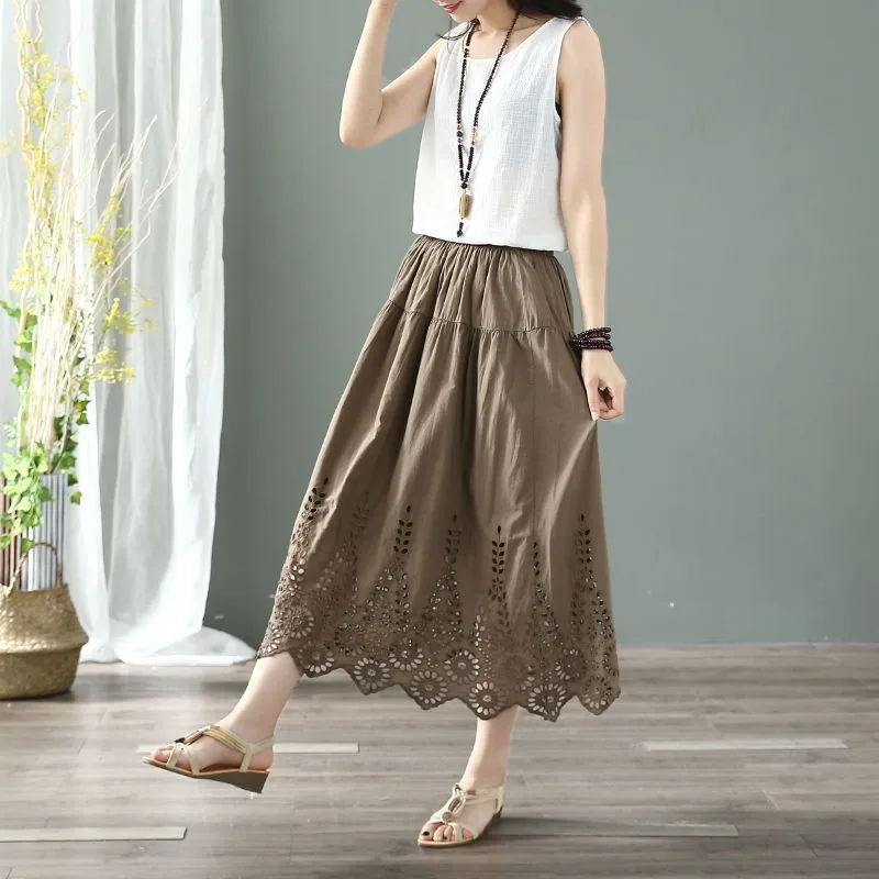 Women's Fashion Retro Art Elastic waist Hollow Embroidered Skirt Khaki - Shop at LoveMi